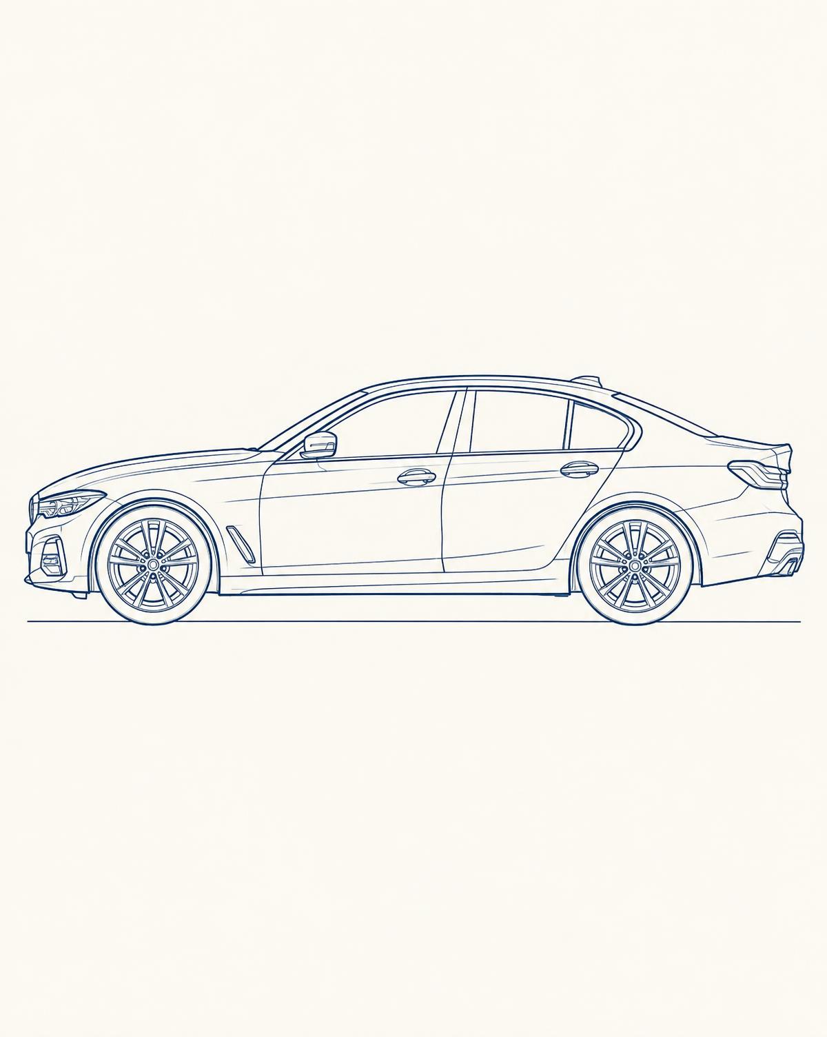 Line drawing of a car in side profile