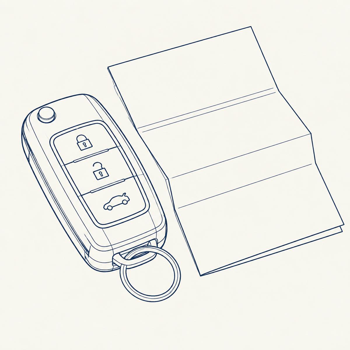 Line drawing of a car key beside a folded document